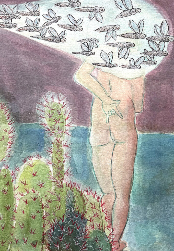 Originele mixed media tekening Toen het stil was van een vrouw op een rots aan de waterkant met cactussen en een paarse lucht.